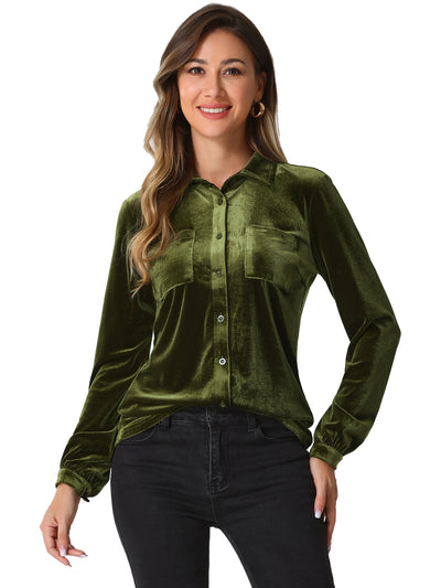 Pocket Front Velvet Blouse Long Sleeve Casual Button Down Shirt