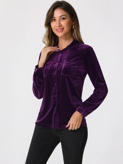 Pocket Front Velvet Blouse Long Sleeve Casual Button Down Shirt