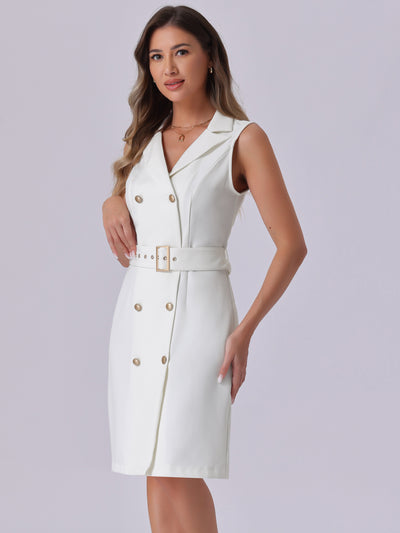 Sleeveless Notched Lapel Double Breasted Belted Office Blazer Dress