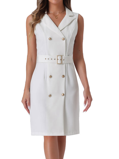 Sleeveless Notched Lapel Double Breasted Belted Office Blazer Dress