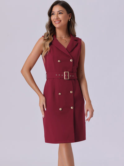 Sleeveless Notched Lapel Double Breasted Belted Office Blazer Dress