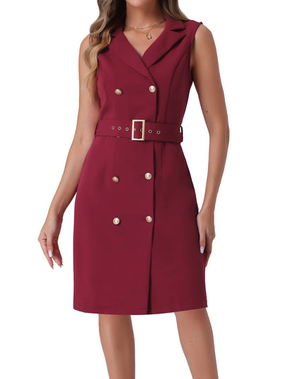 Sleeveless Notched Lapel Double Breasted Belted Office Blazer Dress