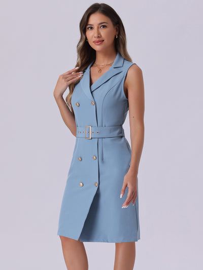 Sleeveless Notched Lapel Double Breasted Belted Office Blazer Dress