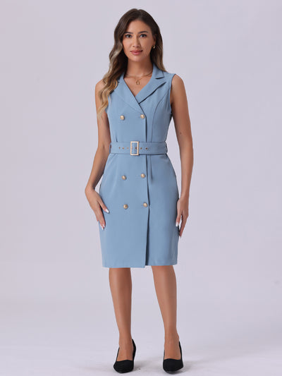 Sleeveless Notched Lapel Double Breasted Belted Office Blazer Dress