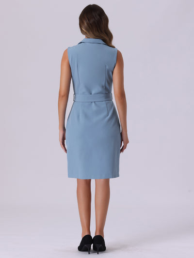 Sleeveless Notched Lapel Double Breasted Belted Office Blazer Dress