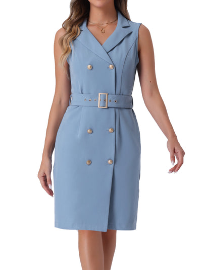 Sleeveless Notched Lapel Double Breasted Belted Office Blazer Dress