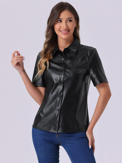 Allegra K PU Leather Button Down Short Sleeve Collar Blouse