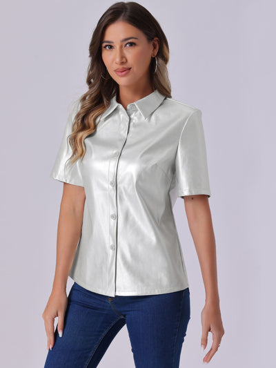 PU Leather Button Down Short Sleeve Collar Blouse