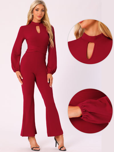 Solid Color Long Sleeve Keyhole Bell Bottom Jumpsuit