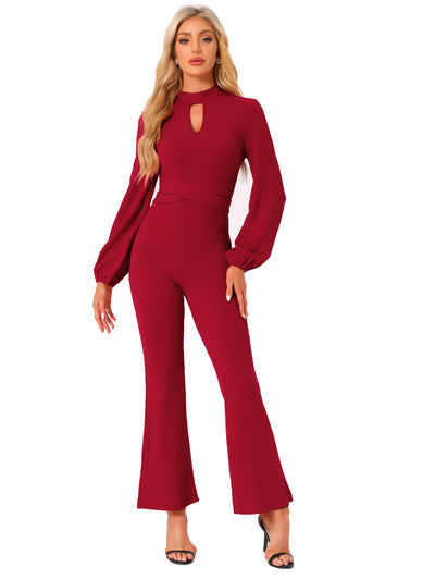 Solid Color Long Sleeve Keyhole Bell Bottom Jumpsuit