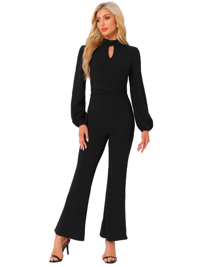 Solid Color Long Sleeve Keyhole Bell Bottom Jumpsuit