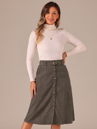 High Waist Button Front A-Line Belted Corduroy Midi Skirt