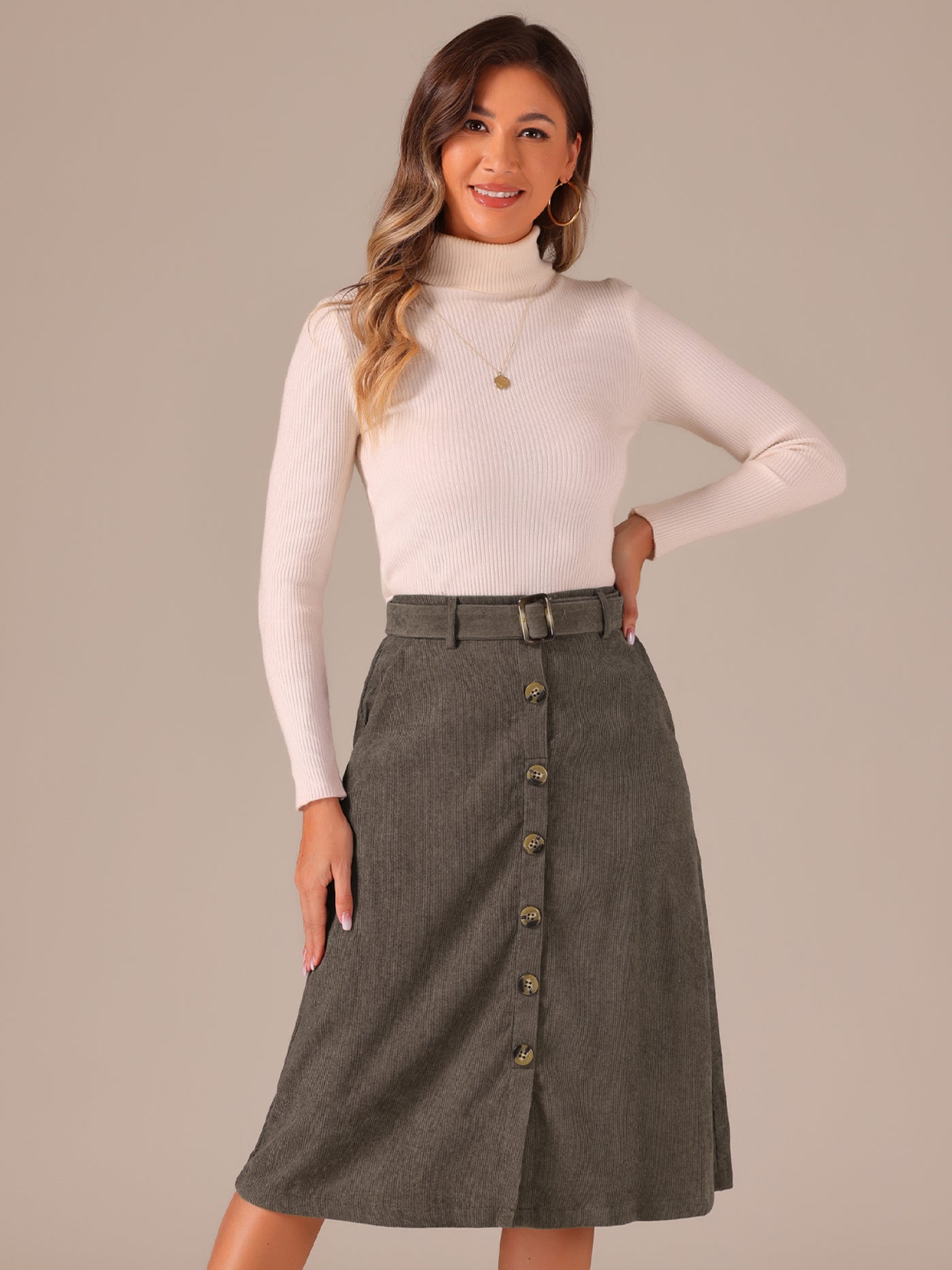 Allegra K High Waist Button Front A-Line Belted Corduroy Midi Skirt