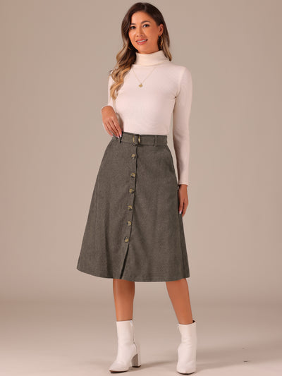 High Waist Button Front A-Line Belted Corduroy Midi Skirt