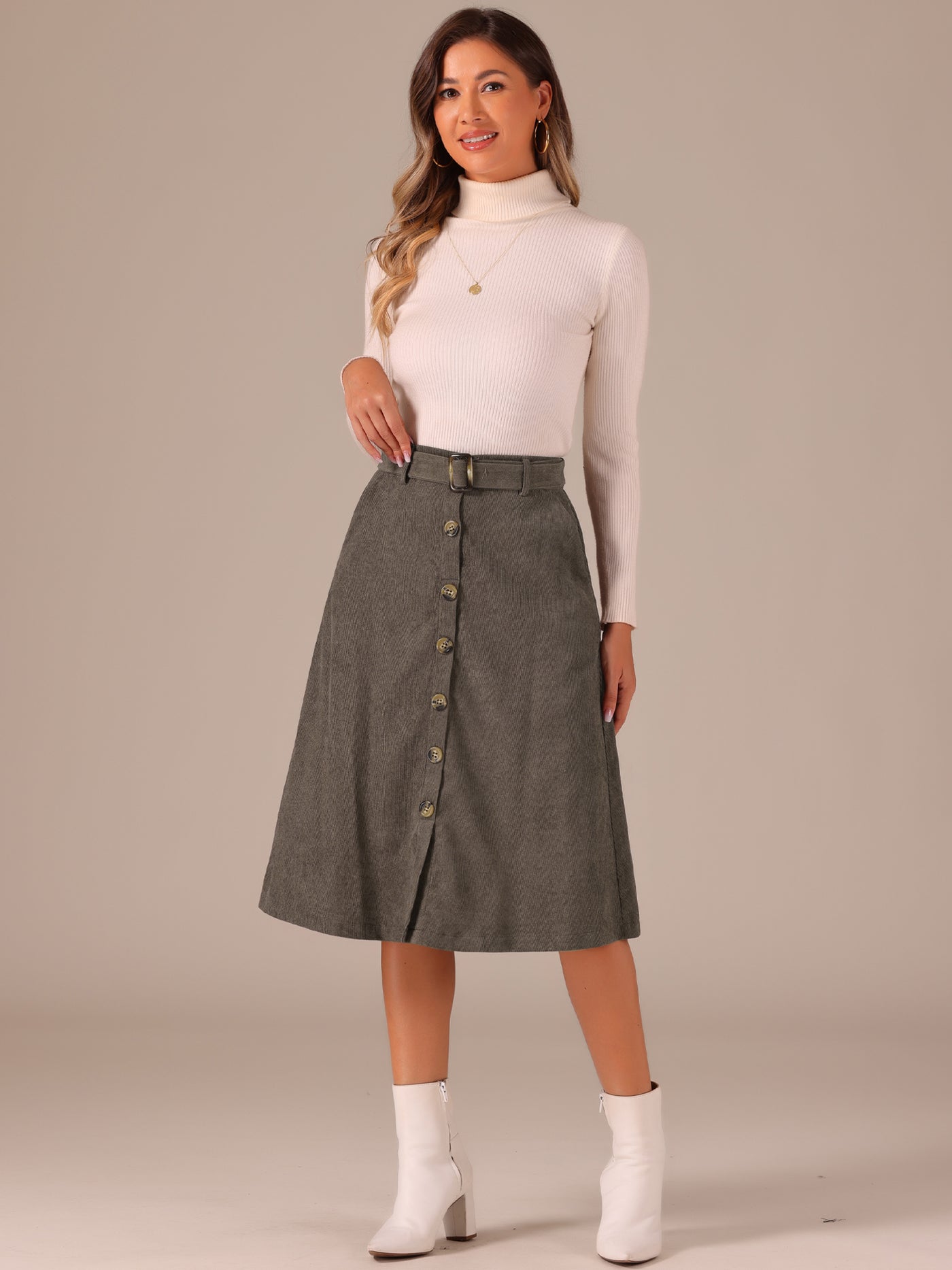 Allegra K High Waist Button Front A-Line Belted Corduroy Midi Skirt