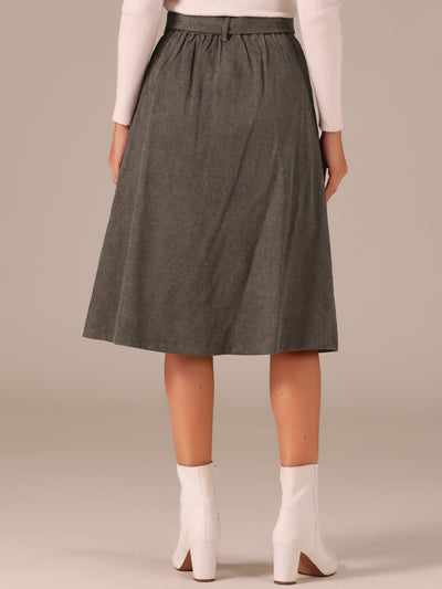 High Waist Button Front A-Line Belted Corduroy Midi Skirt