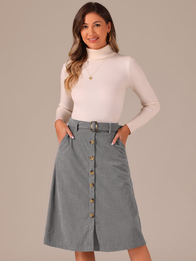 High Waist Button Front A-Line Belted Corduroy Midi Skirt