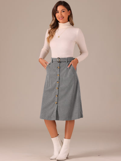 High Waist Button Front A-Line Belted Corduroy Midi Skirt