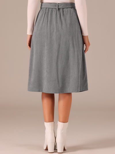 High Waist Button Front A-Line Belted Corduroy Midi Skirt