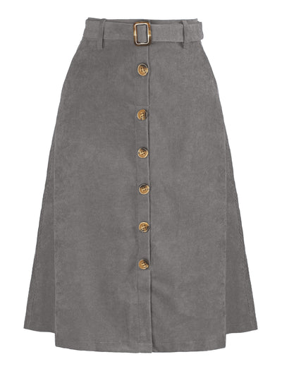 High Waist Button Front A-Line Belted Corduroy Midi Skirt