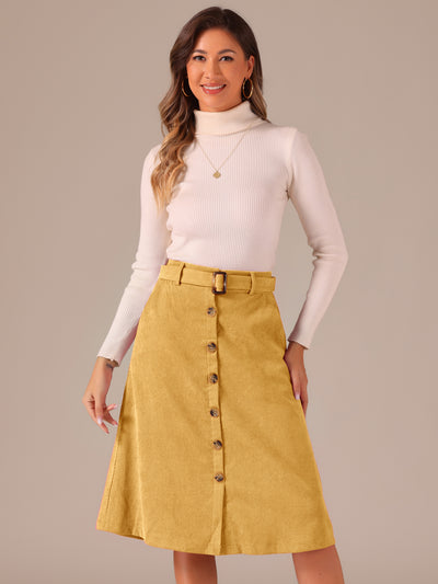 High Waist Button Front A-Line Belted Corduroy Midi Skirt