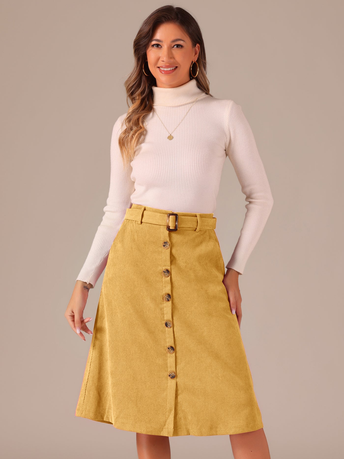 Allegra K High Waist Button Front A-Line Belted Corduroy Midi Skirt