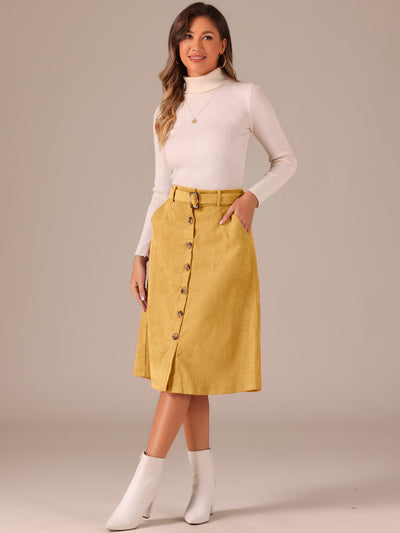 High Waist Button Front A-Line Belted Corduroy Midi Skirt