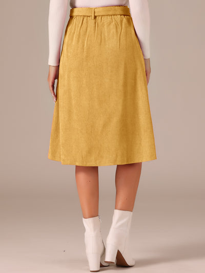 High Waist Button Front A-Line Belted Corduroy Midi Skirt