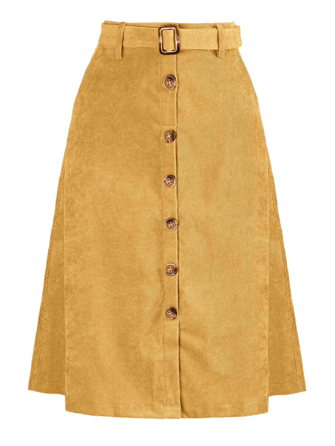 Allegra K High Waist Button Front A-Line Belted Corduroy Midi Skirt