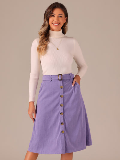 High Waist Button Front A-Line Belted Corduroy Midi Skirt