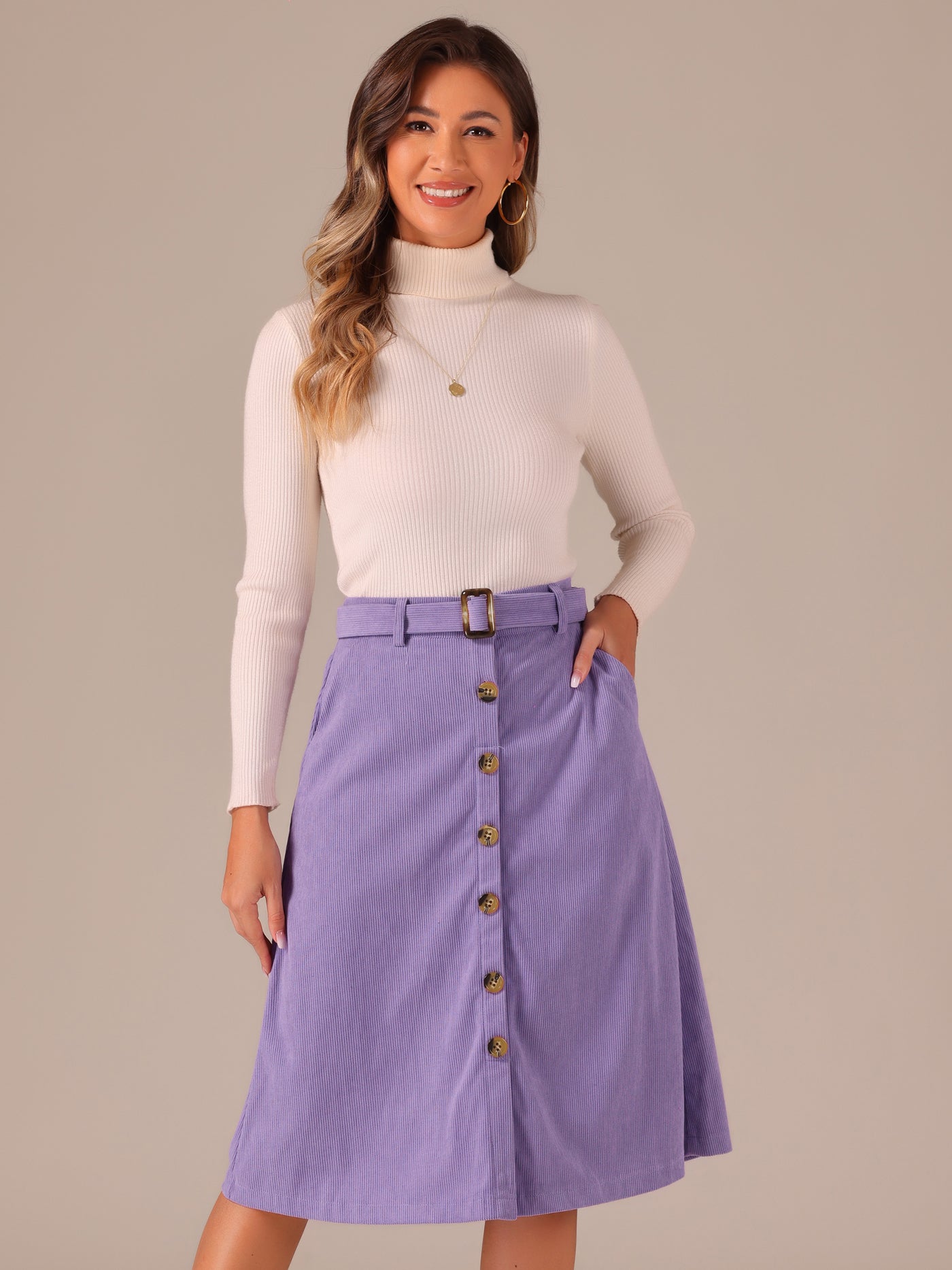 Allegra K High Waist Button Front A-Line Belted Corduroy Midi Skirt