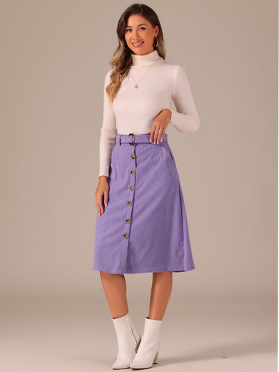 High Waist Button Front A-Line Belted Corduroy Midi Skirt