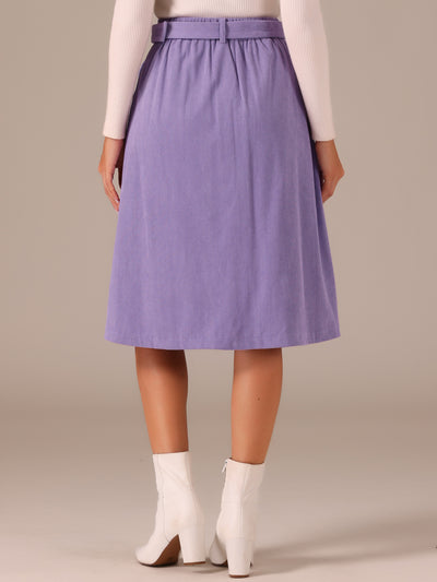 High Waist Button Front A-Line Belted Corduroy Midi Skirt