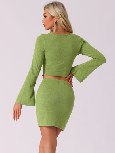 2 Pieces Twist V Neck Bell Sleeves Top & Mini Skirt Sets