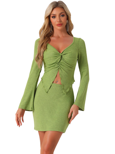 2 Pieces Twist V Neck Bell Sleeves Top & Mini Skirt Sets