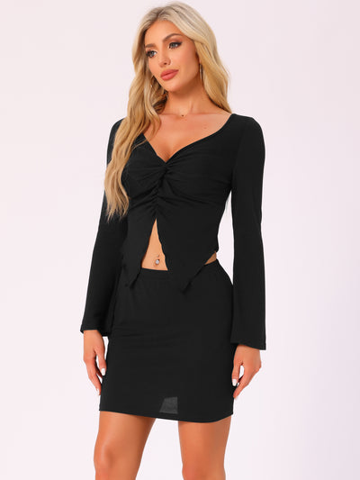 2 Pieces Twist V Neck Bell Sleeves Top & Mini Skirt Sets