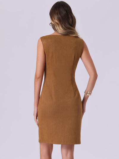 Faux Suede Boat Neck Sleeveless Sheath Midi Dress