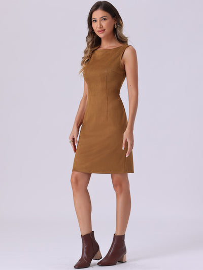 Faux Suede Boat Neck Sleeveless Sheath Midi Dress