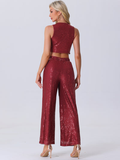 2 Pieces Sequin Sparkle Sleeveless Cropped Top & Wide Leg Pants Set