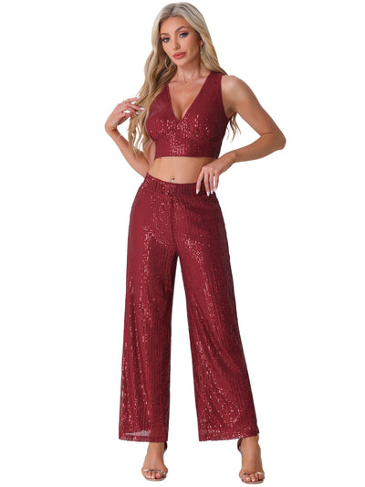 2 Pieces Sequin Sparkle Sleeveless Cropped Top & Wide Leg Pants Set