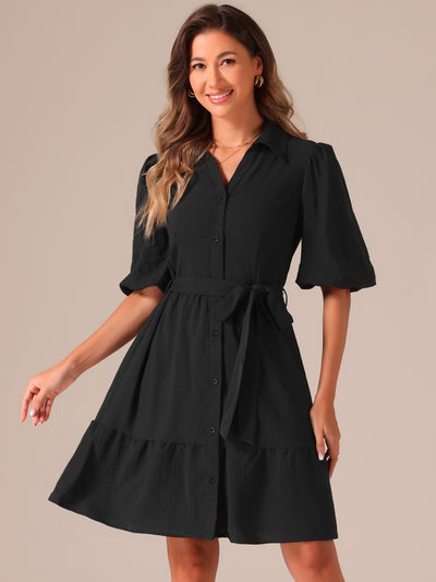 Allegra K Belted Puff Short Sleeve Midi A-Line Shirt Dress