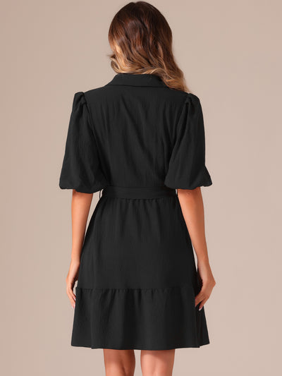 Belted Puff Short Sleeve Midi A-Line Shirt Dress