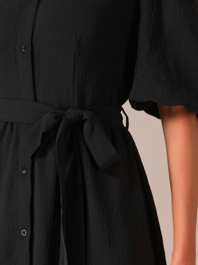 Belted Puff Short Sleeve Midi A-Line Shirt Dress