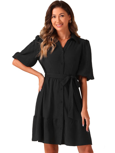 Belted Puff Short Sleeve Midi A-Line Shirt Dress