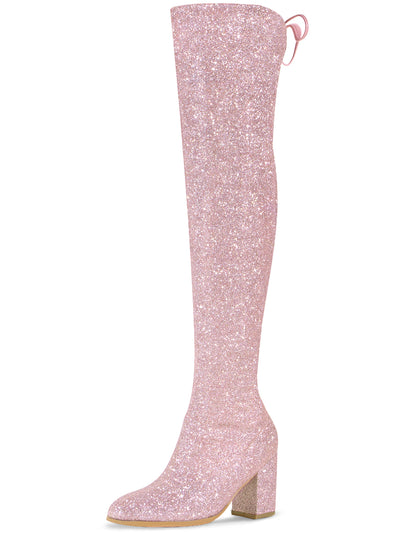 Allegra K Women's Glitter Round Toe Chunky Heel Over the Knee High Boots