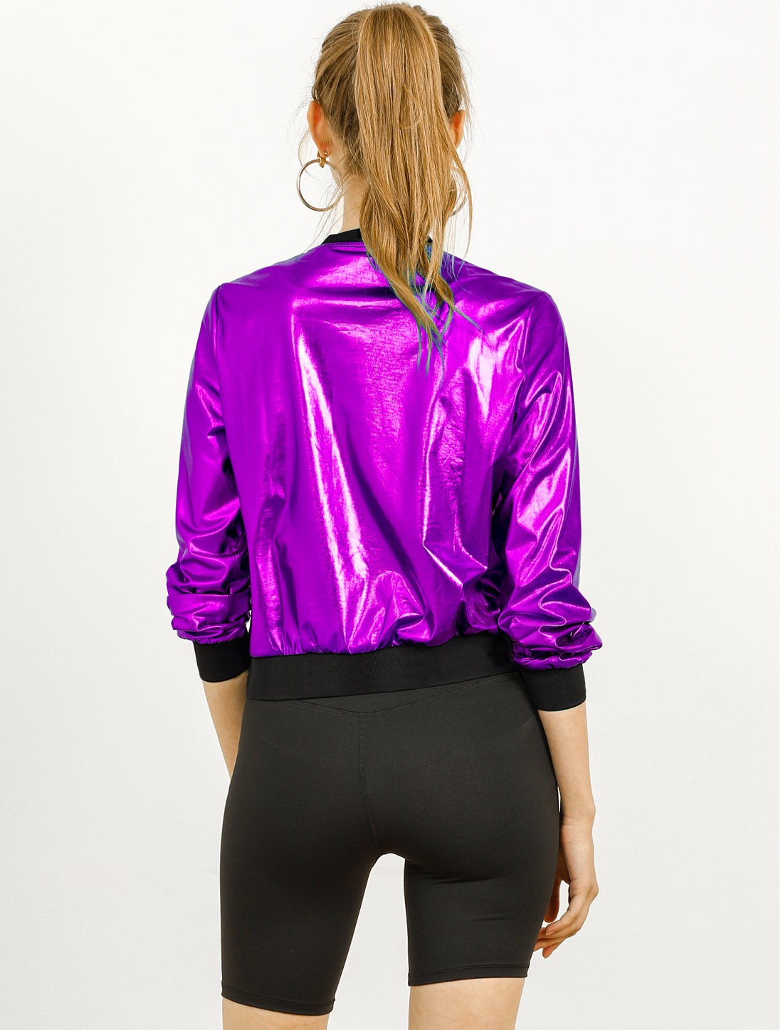 Allegra K Holographic Shimmering Metallic Lightweight Bomber Jacket