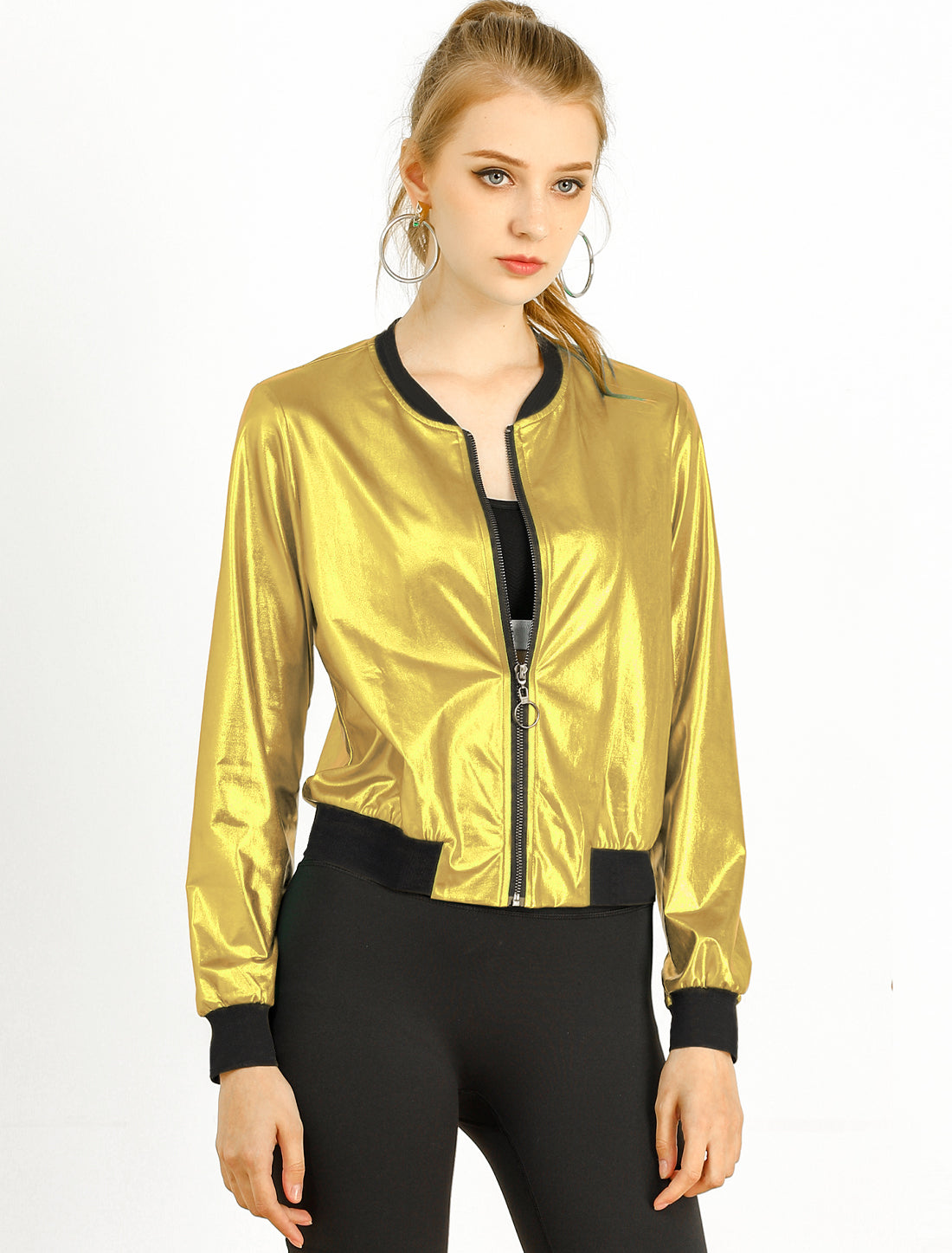 Allegra K Holographic Shimmering Metallic Lightweight Bomber Jacket