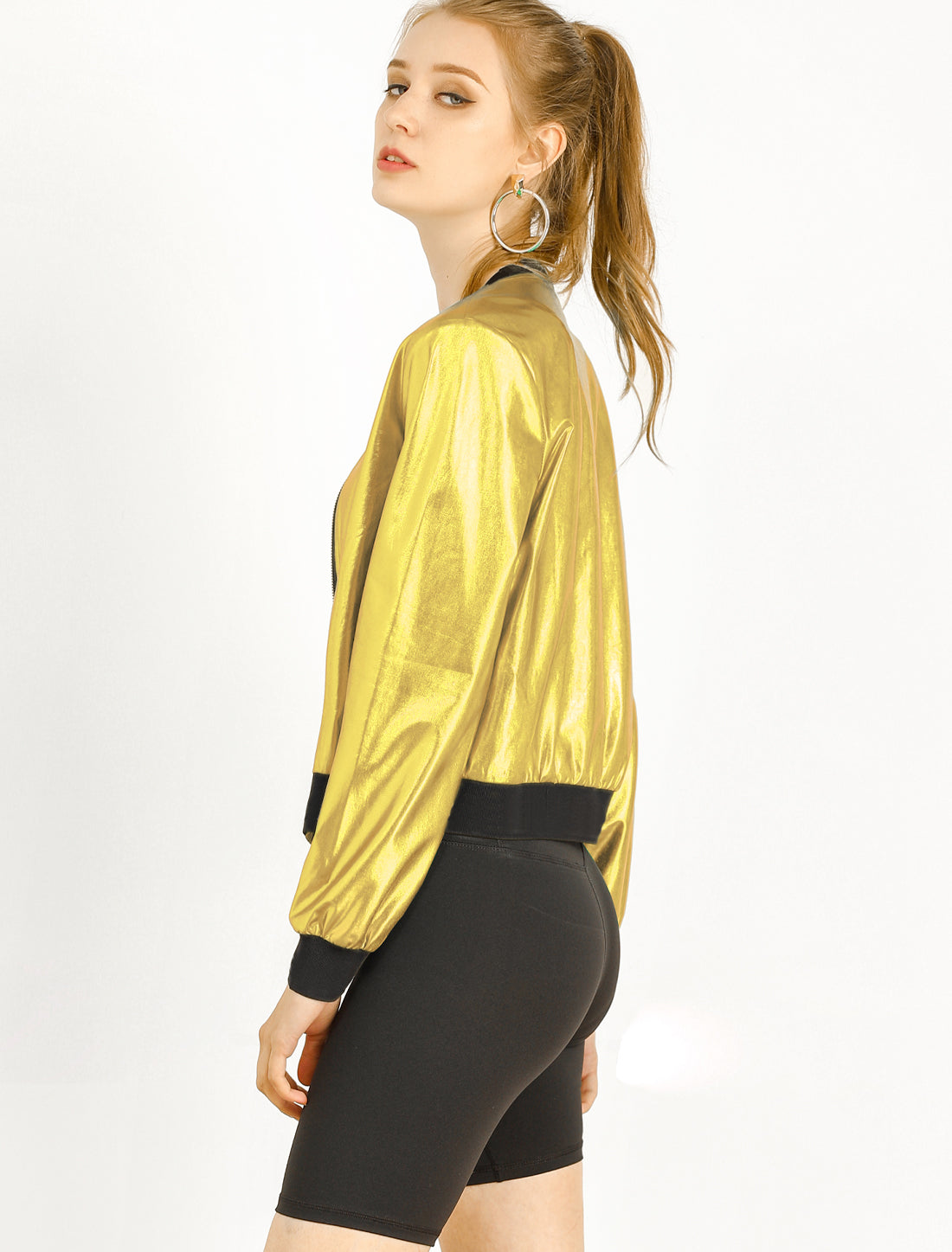 Allegra K Holographic Shimmering Metallic Lightweight Bomber Jacket