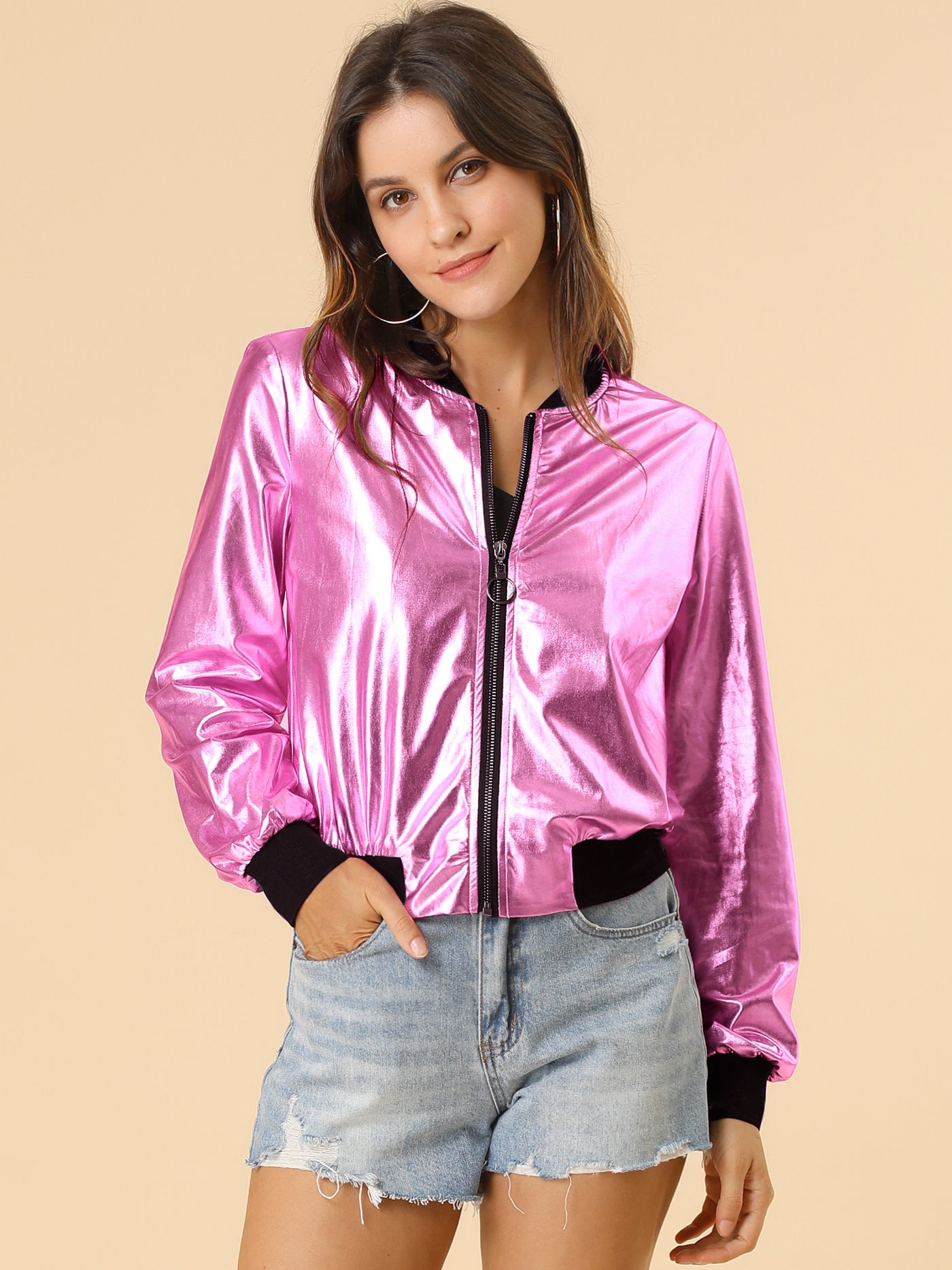 Allegra K Holographic Shimmering Metallic Lightweight Bomber Jacket