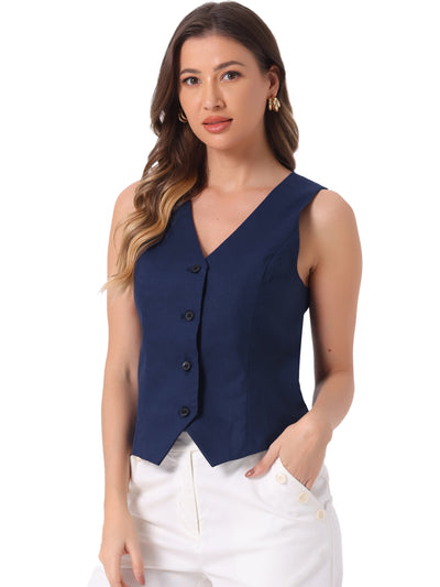 Sleeveless Solid Button Down V Neck Waistcoat Vest